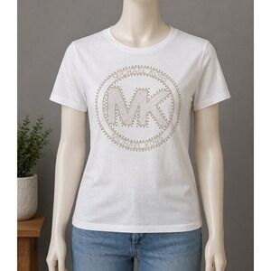 Michael Kors Womens Gold Metal Stone Studded Bling "MK" Logo T-Shirt SIZE Medium